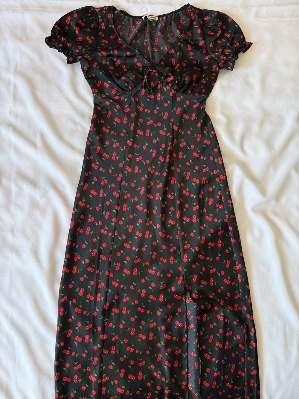 Inspired Hearts Cherry Print Satin Maxi Dress V-Neck Puff Sleeve Bow Ruffle M
